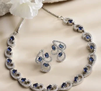 Zeneme Rhodium-Plated Silver-Toned Blue American Diamond Necklace Set & Earrings For Women & Girls